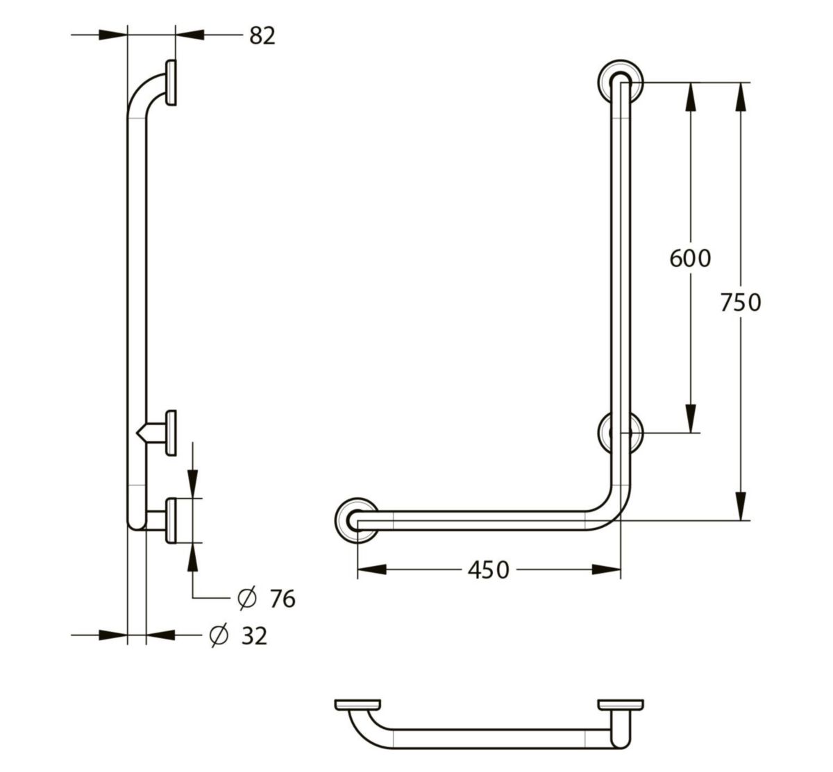 Barre d'appui et de maintien coudée à 90° Ø32 mm, modèle gauche 450 x 750 mm Inox brossé Réf.60329