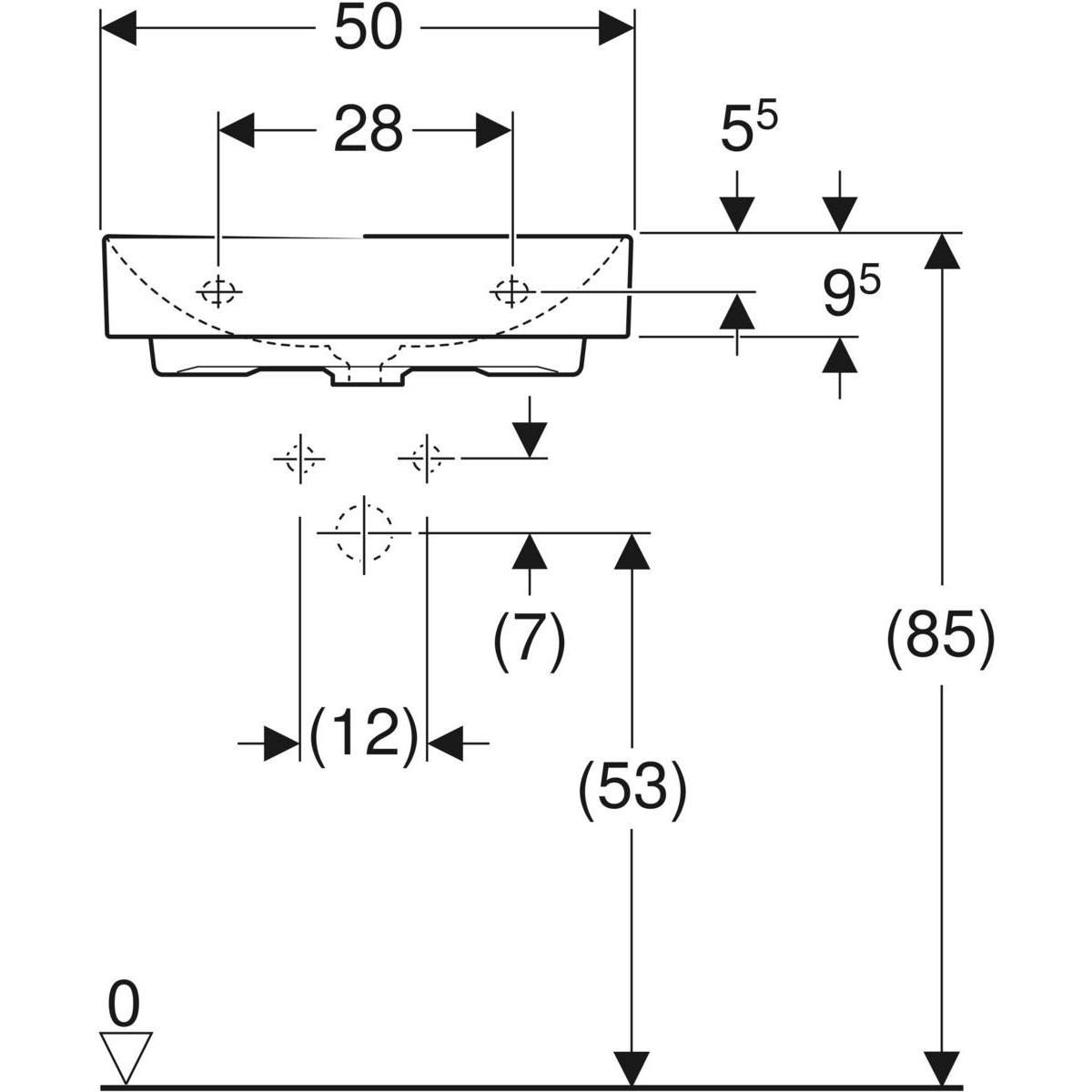 Lavabo Geberit ONE sortie verticale: B=50cm, T=40cm, Trou de robinetterie=Au centre, Trop-plein=Sans, blanc / KeraTect