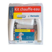 Kit chauffe-eau complet (groupe sécurité, siphon, 2 flexibles inox, évacuation pvc avec raccord, tire-fond et cheville) BKCE