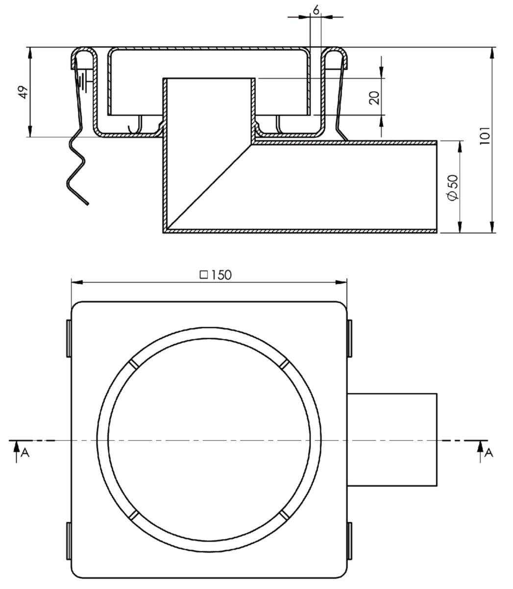 Siphon 150x150 sortie latérale D50 Réf. 1550FBL