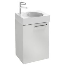 Meuble sous lave-mains. L43,5 x P35,3 x H59,1 cm. 1 porte à fermeture ralentie. Charnières à gauche. A commander avec le lave-mains EGN112. Mélaminé brillant Blanc Réf. EB2580G-R9-N18