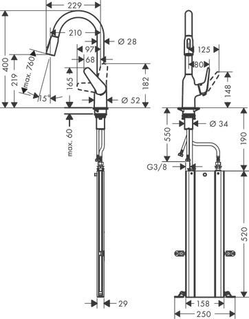 hansgrohe Focus M42 Mitigeur de cuisine 220, avec douchette extractible 2 jets, sBox, Aspect acier inox