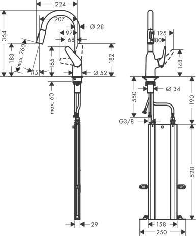 hansgrohe Focus M42 Mitigeur de cuisine 180, avec douchette extractible 2 jets, sBox, Aspect acier inox