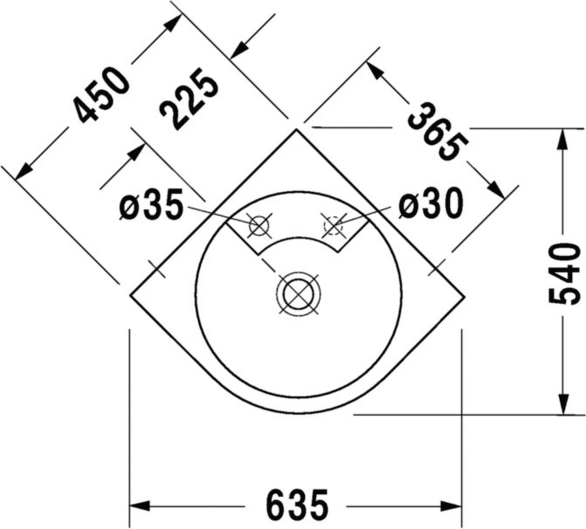 Lavabo d'angle ARCHITEC, 63,5 x 54, sans trop-plein, avec plage de robinetterie, trou pour robinetterie, trou amorcé à droite pour distributeur de savon, Blanc Réf. 0448450000