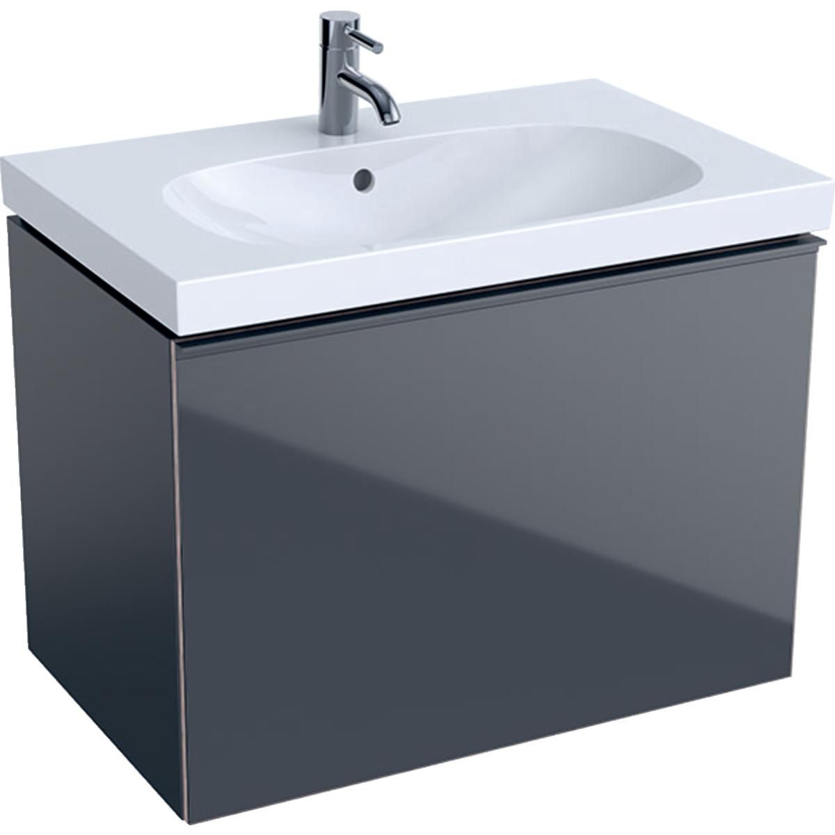 Meuble bas Acanto pour lavabo - 1 tiroir et 1 tiroir intérieur - siphon - 74 x 53,5 x 47,5 cm - corps : laqué mat / gris velouté - tiroirs : verre brillant / gris velouté Réf. 500.611.JK.2