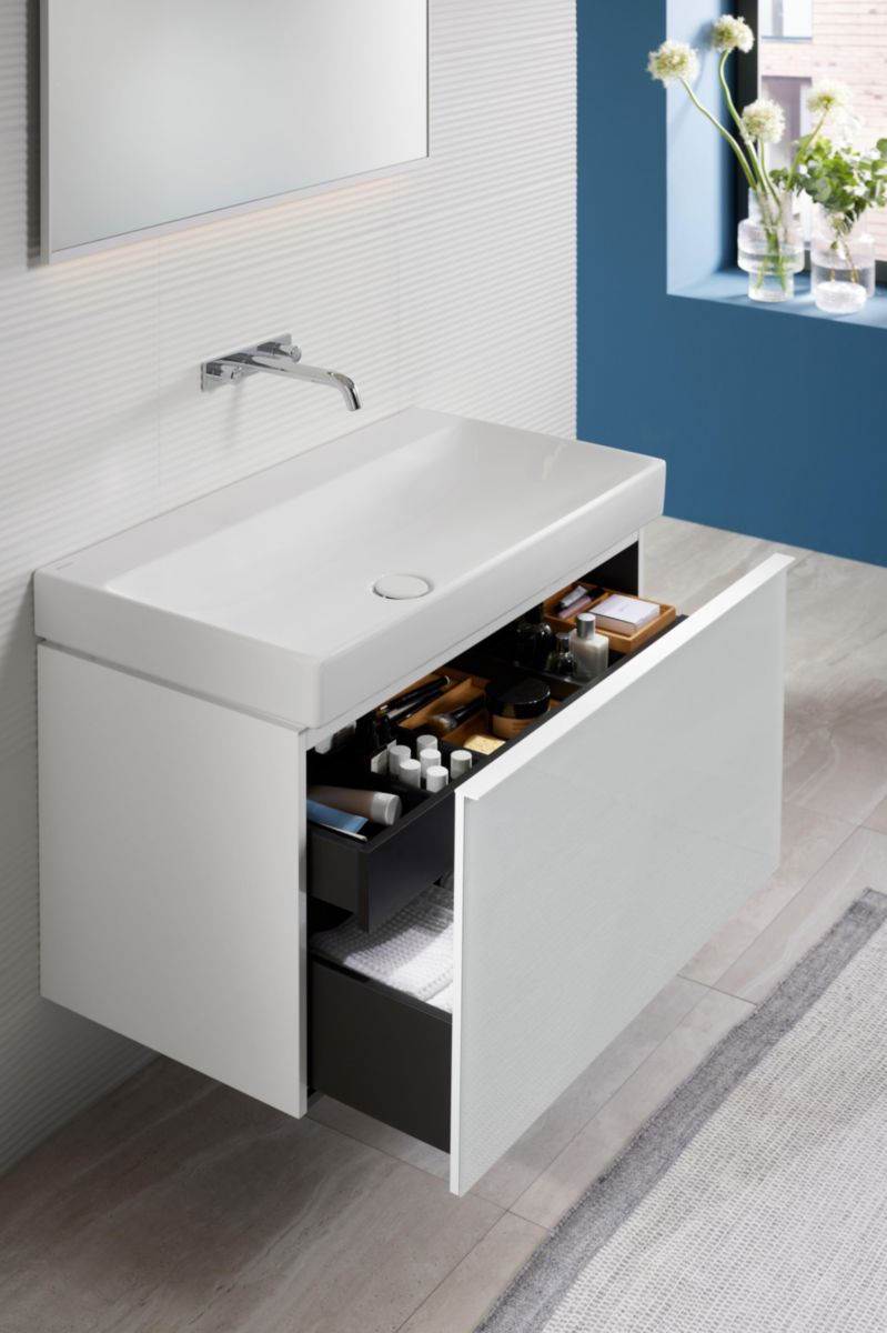 Lavabo Geberit ONE sortie verticale: B=90cm, T=48cm, Trou de robinetterie=Sans, Trop-plein=Sans, blanc / KeraTect