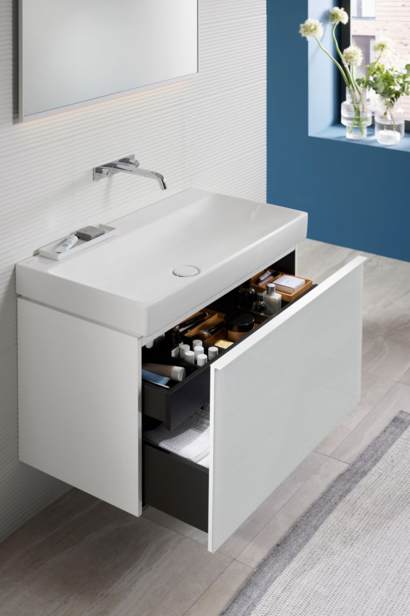 Lavabo Geberit ONE sortie verticale: B=90cm, T=48cm, Trou de robinetterie=Sans, Trop-plein=Sans, blanc / KeraTect