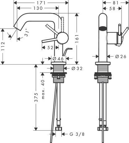 Mitigeur lavabo 110 Tecturis S Fine CoolStart avec tirette et vidage Chromé Réf. 73323000