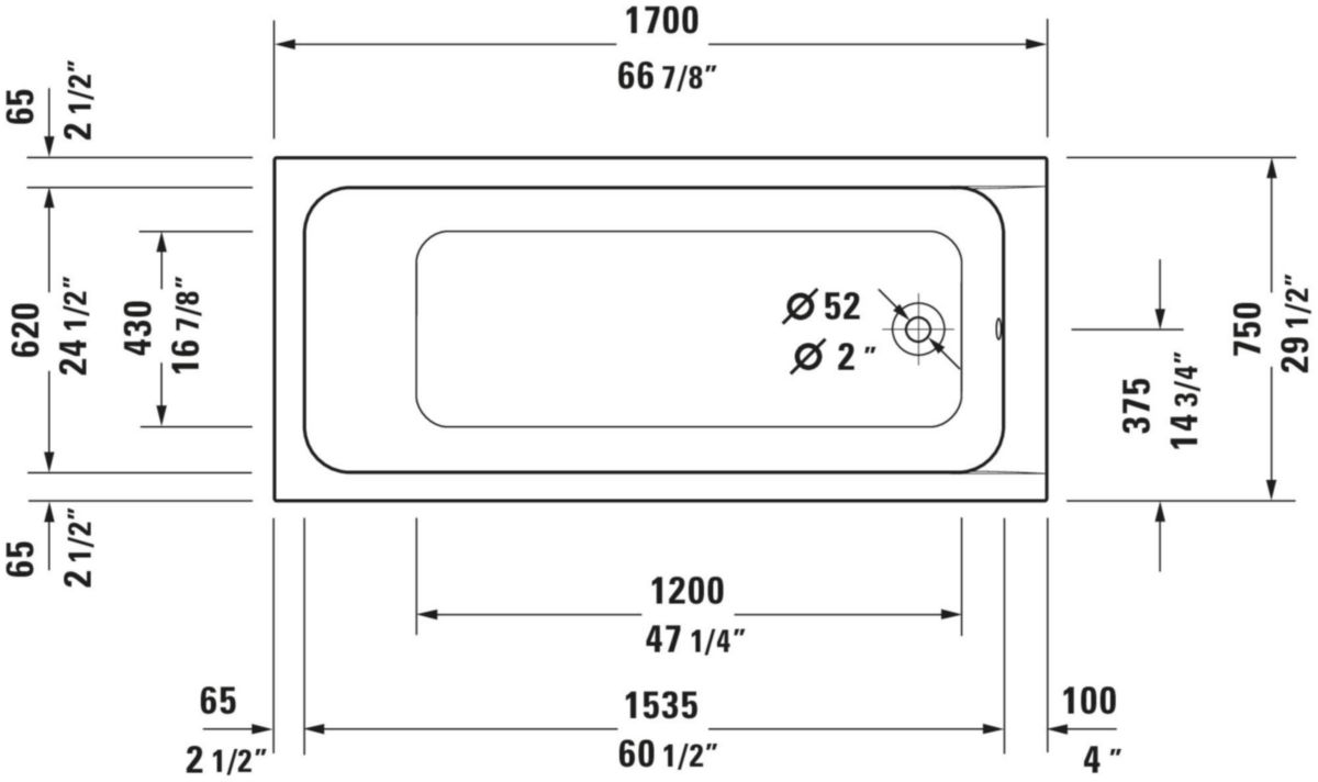 Baignoire d-code 1700x750mm blanc ecoulement lateral réf. 700100000000000