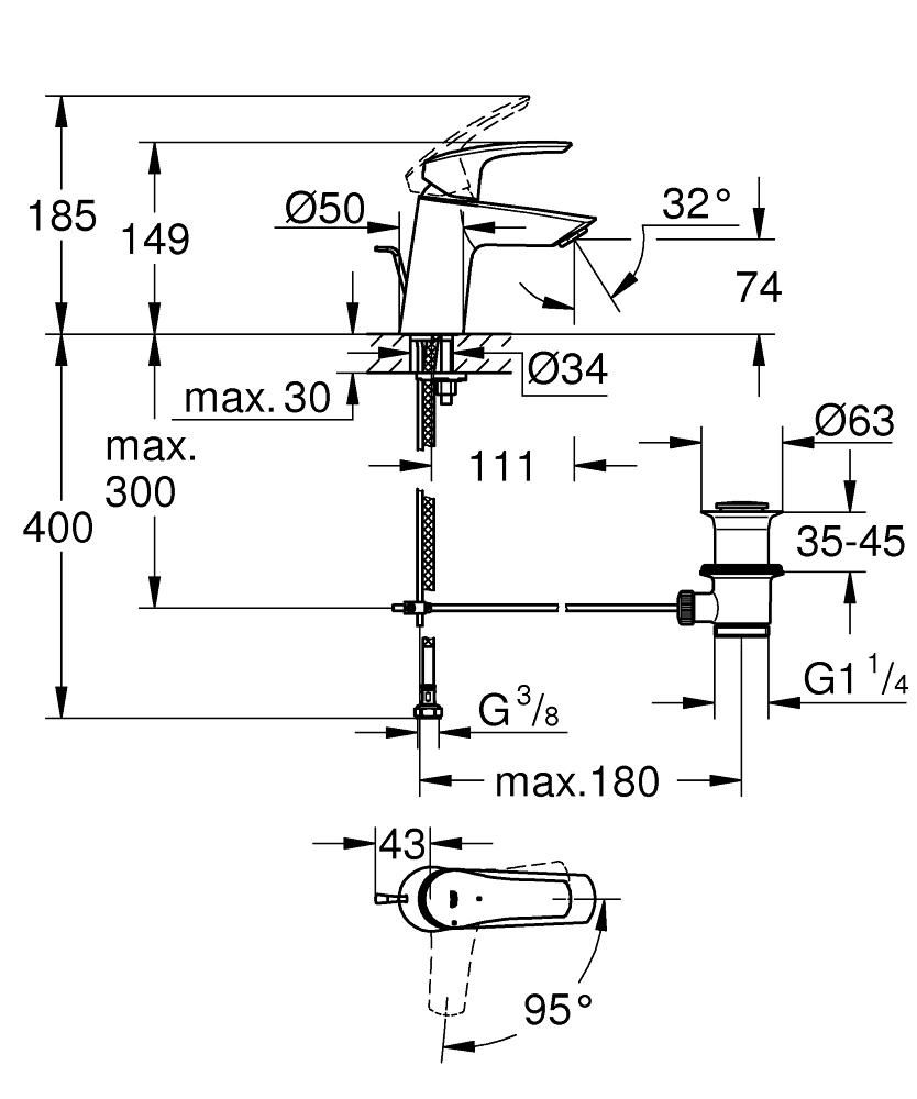 Mitigeur lavabo Taille S Eurosmart Chromé GROHE Réf. 23969003