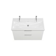 Ensemble EQIO SMART plan de toilette céramique simple vasque 2 trous de robinetterie largeur 103 cm avec meuble sous-vasque largeur 100 cm, 2 tiroirs, finition blanc brillant, poignée chromé Réf. SFSR103F3666C0001G0146