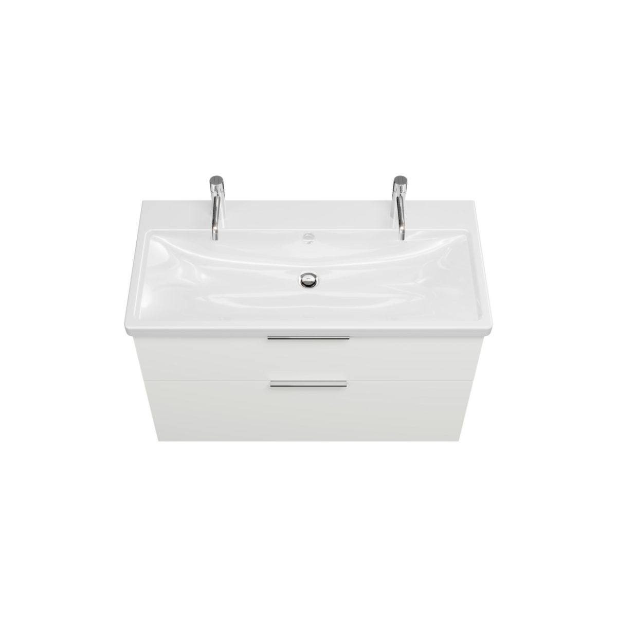 Ensemble EQIO SMART plan de toilette céramique simple vasque 2 trous de robinetterie largeur 103 cm avec meuble sous-vasque largeur 100 cm, 2 tiroirs, finition blanc brillant, poignée chromé Réf. SFSR103F3666C0001G0146