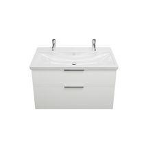 Ensemble EQIO SMART plan de toilette céramique simple vasque 2 trous de robinetterie largeur 103 cm avec meuble sous-vasque largeur 100 cm, 2 tiroirs, finition blanc brillant, poignée chromé Réf. SFSR103F3666C0001G0146