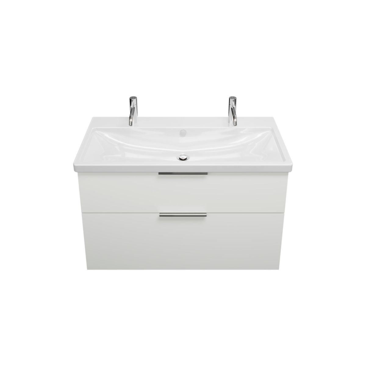 Ensemble EQIO SMART plan de toilette céramique simple vasque 2 trous de robinetterie largeur 103 cm avec meuble sous-vasque largeur 100 cm, 2 tiroirs, finition blanc brillant, poignée chromé Réf. SFSR103F3666C0001G0146