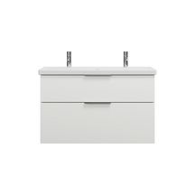 Ensemble EQIO SMART plan de toilette céramique simple vasque 2 trous de robinetterie largeur 103 cm avec meuble sous-vasque largeur 100 cm, 2 tiroirs, finition blanc brillant, poignée chromé Réf. SFSR103F3666C0001G0146