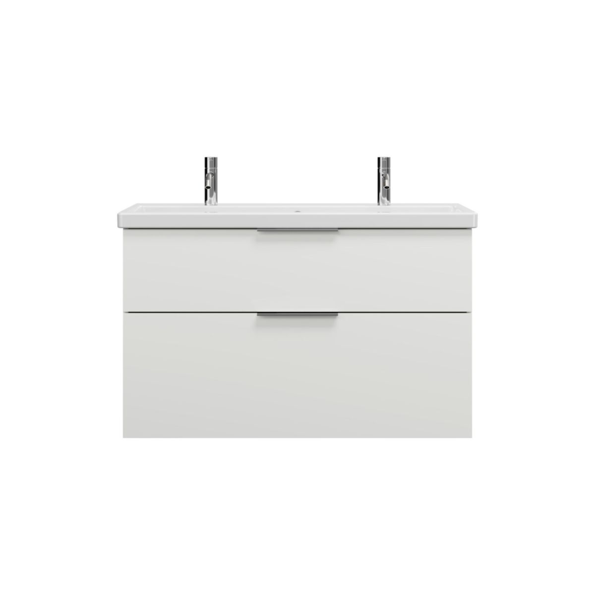 Ensemble EQIO SMART plan de toilette céramique simple vasque 2 trous de robinetterie largeur 103 cm avec meuble sous-vasque largeur 100 cm, 2 tiroirs, finition blanc brillant, poignée chromé Réf. SFSR103F3666C0001G0146