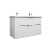 Ensemble EQIO SMART plan de toilette céramique simple vasque 2 trous de robinetterie largeur 103 cm avec meuble sous-vasque largeur 100 cm, 2 tiroirs, finition blanc brillant, poignée chromé Réf. SFSR103F3666C0001G0146