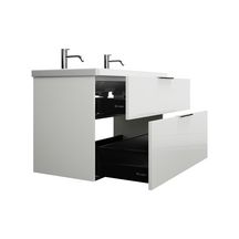 Ensemble EQIO SMART plan de toilette céramique simple vasque 2 trous de robinetterie largeur 103 cm avec meuble sous-vasque largeur 100 cm, 2 tiroirs, finition blanc brillant, poignée chromé Réf. SFSR103F3666C0001G0146