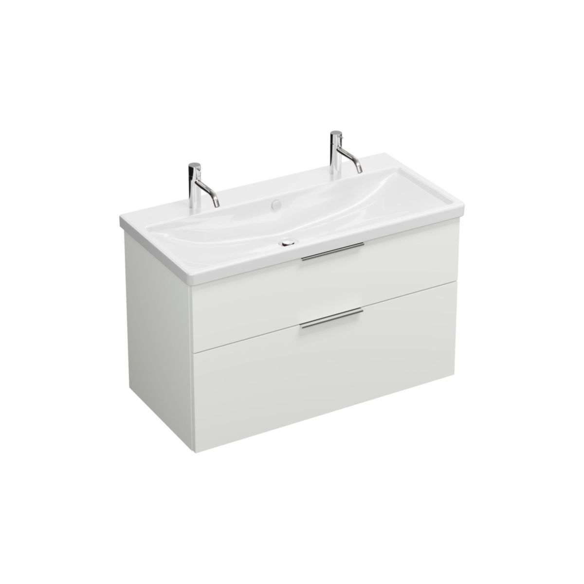 Ensemble EQIO SMART plan de toilette céramique simple vasque 2 trous de robinetterie largeur 103 cm avec meuble sous-vasque largeur 100 cm, 2 tiroirs, finition blanc brillant, poignée chromé Réf. SFSR103F3666C0001G0146