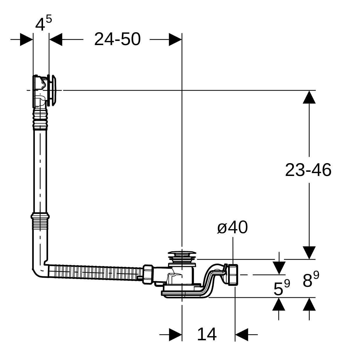 Vidage de baignoire Geberit à déclenchement par pression PushControl, d52, longueur 50 cm, avec kit de finition, avec rallonge horizontale: Chromé brillant