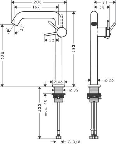 Mitigeur lavabo 240 Tecturis S Fine CoolStart sans vidage Chromé Réf. 73372000