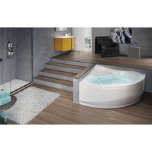 Baignoire d'angle UNA 135x135cm hydro, avec châssis, tablier, vidage automatique, commande on/off, réglage air/eau, injecteurs whirpool 6 jets chromés, blanche réf. UNA5135135OC-A1K