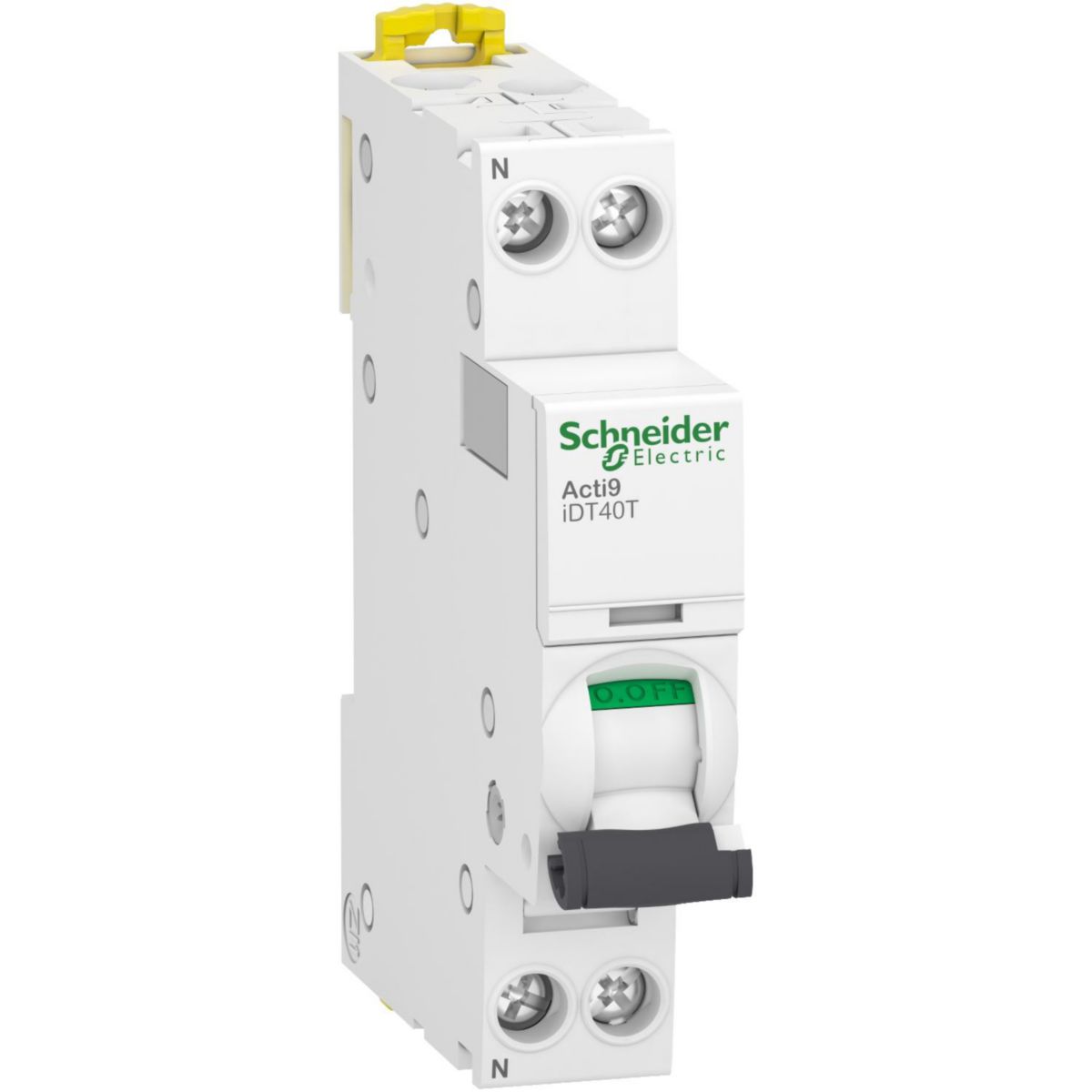 Acti9 iDT40T - disjoncteur modulaire - 1P+N - 20A - courbe C - 4500A Icn conformément à EN 60898 - 230 V AC 50/60 Hz / 6kA Icu conformément à EN/IEC 60947-2 - 230..240V AC 50/60 Hz - Rail DIN - NF - largeur 2 pas de 9mm Réf. A9P22620