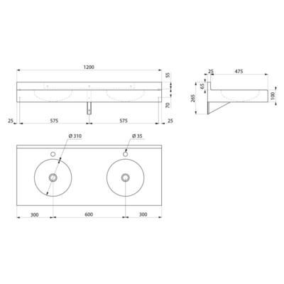 Lavabo DUPLO RP 2 vasques trou rob. Ø35 ss trop plein Inox 304 sat Réf.121390