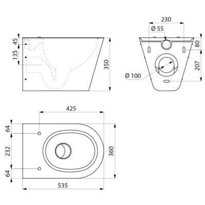 WC S21 S suspendu alimentation horizontale Inox 304 satiné Réf. 110310