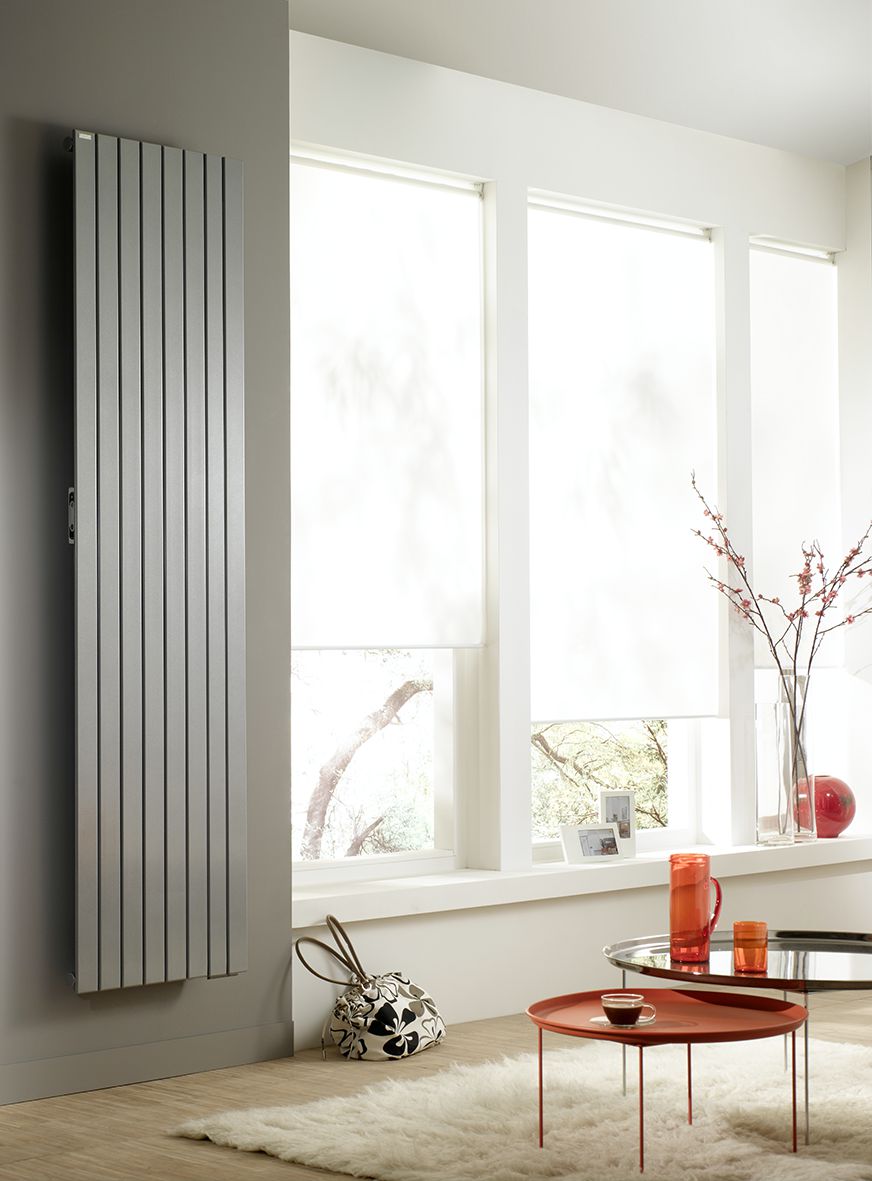 Ventilo-radiateur eau chaude Acova Fassane Néo 2 vertical  2305W (dT50), haut 1500 mm, larg 592 mm, 8 éléments, raccordement par le bas, entraxe 50 mm centré, Aller à gauche, couleur Réf. HNX2-150-059-BFC