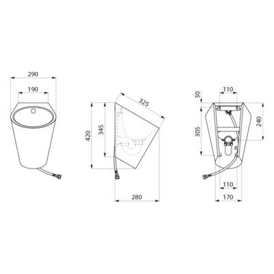 Urinoir FINO suspendu alimentation d'eau par l'arrière Inox 304 Satiné Réf. 135710