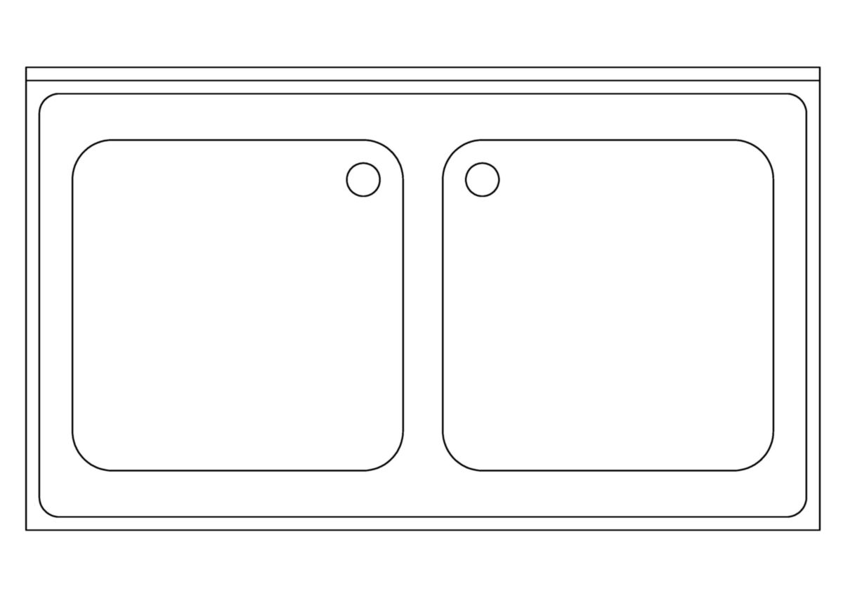 Plonge emboutie 2 bacs sans égouttoir, en inox 18 / 10, épaisseur 10 / 10, bord anti-ruissellement sur 3 cotés, égouttoir cannelé non penté, dosseret arrière de 100 x 20 mm fermé aux extrêmités, bandeaux caches bacs avant et latéraux Réf. EPAA090R03