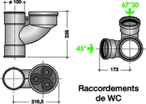 Culotte universelle orientable équerre, 45°/67°30, pour 2 WC CHUTUNIC PVC diamètre 100mm rèf. BTUNI4