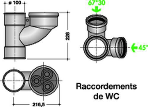 Culotte universelle orientable équerre, 45°/ 67°30, pour 2 WC CHUTUNIC PVC diamètre 100mm rèf. BTUNI5