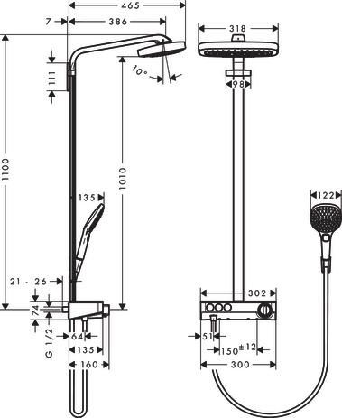 Showerpipe Raindance Select ShowerTablet E 300 3 jets blanc chromé réf. 27127400