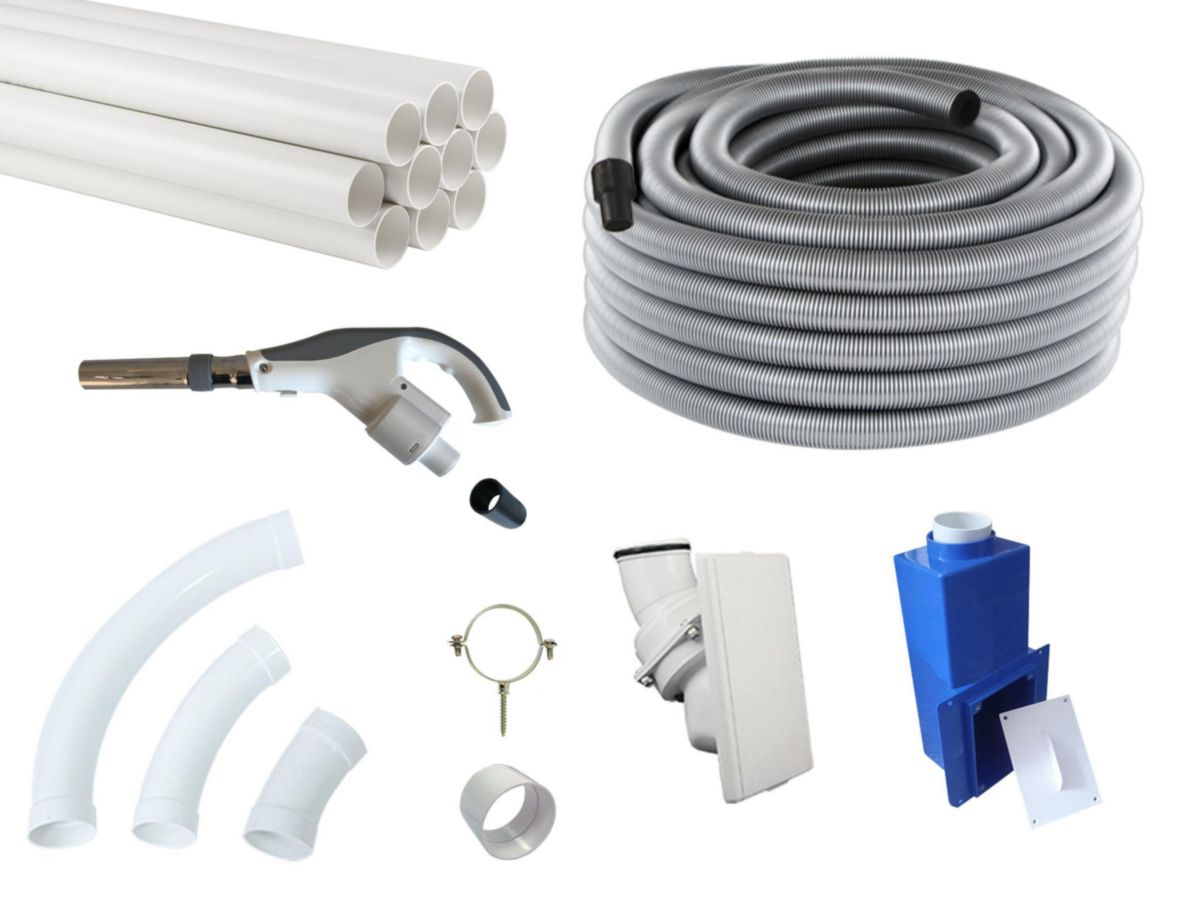 Kit d'installation pour système de flexible rétractable pour mur en brique(prise d'aspiration, contre-prise, conduits d'aspiration, coudes 90°, coudes 45°, coudes 22,5°, manchons, colliers, poingée, flexible) 11071041