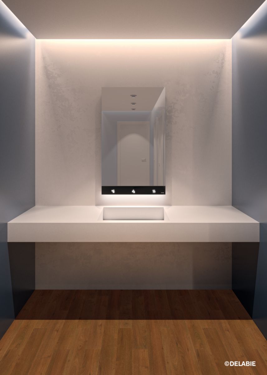 Armoire de toilette L 600 cm - 4 fonctions : miroir, distributeur de savon et robinet automatiques et sèche-mains électrique Finition mélaminé noir mat et inox 304 réf. 510203