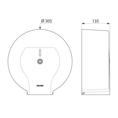 Distributeur de papier WC grand modèle, avec serrure chromée et contrôle de niveau, modèle pour bobine 400 m. D 304, profondeur 135, finition inox 304 satiné 8 / 10 réf. 2912