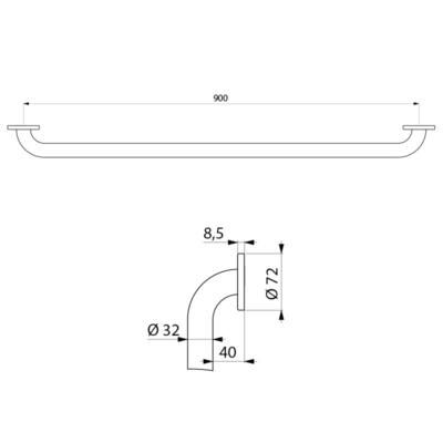 Barre de relèvement D 32 entraxe 900 mm inox poli brillant réf. 50509P2