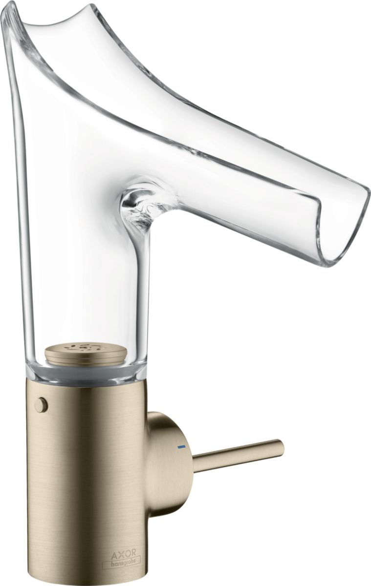 AXOR Starck V Mitigeur de lavabo 140, bec en verre, bonde à écoulement libre, Aspect acier inoxydable