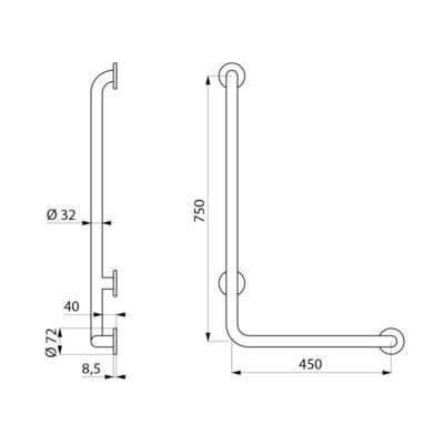 Poignée d'équerre droite D 32 750 x 450 mm inox poli brillant réf. 5070DP2