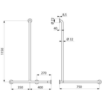 Barre de douche d'angle avec barre verticale gauche diamètre 32 mm inox poli brillant réf. 5481GP2