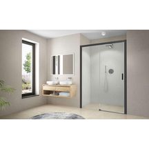 Porte coulissante sans seuil 2 éléments dont 1 fixe à gauche, Série CARIBA, CID2L150200NPE, largeur 1500 mm, hauteur 2000 mm, Profilé Noir, Verre clair traité anticalcaire