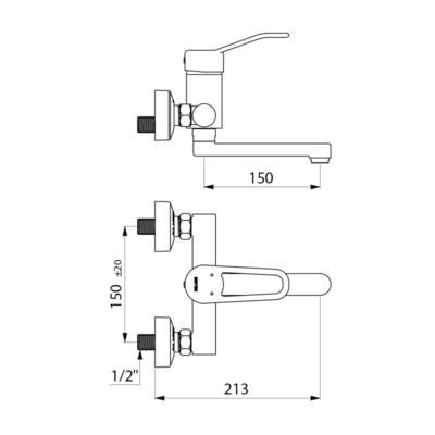 Mitigeur de douche 2 trous mural bec L 200, manette pleine réf. 2446