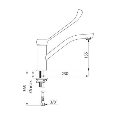 Mitigeur pour lave-mains à poser sur plage, avec levier médical coudé L 200 pour commande sans contact manuel, bec haut H 150 L 230 orientable réf. 2510L