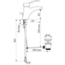 Mitigeur de lavabo à bec fixe H 85, commande par manette ajourée, avec vidage laiton 33 x 42 à tirette et cartouche standard réf. 2520