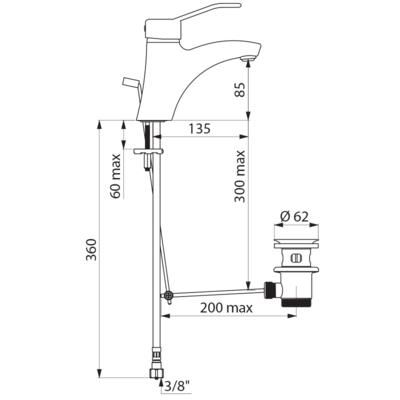 Mitigeur de lavabo à bec fixe H 85, commande par manette ajourée, avec vidage laiton 33 x 42 à tirette et cartouche à équilibrage pression réf. 2520EP