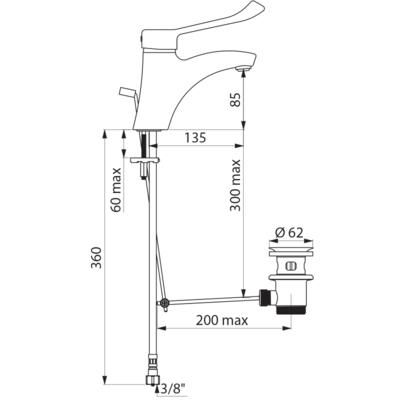 Mitigeur de lavabo à bec fixe H 85, commande par levier médical L 150 avec vidage laiton 33 x 42 à tirette et cartouche standard réf. 2520L