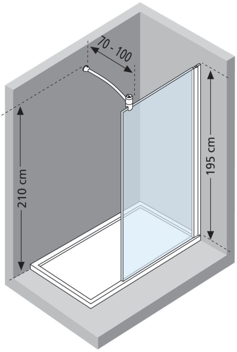 Paroi de douche LUNES H 100 cm extensible 97 cm à 98,5 cm, fixe, avec barre de renfort de 70 cm extensible jusqu'à 100 cm, réversible, en verre transparent et profilé chromé Réf. LUNESH100-1K