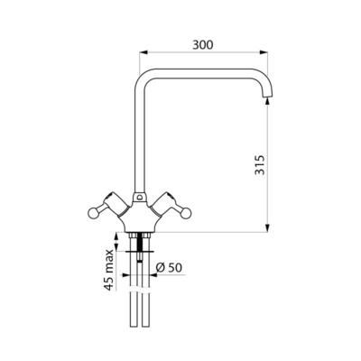 Mélangeur 5600 monotrou pour grandes plonges ou bac à laver col de cygne orientable diamètre 22 mm débit < lt/>107 l/mn saillie 300 mm réf. 5610